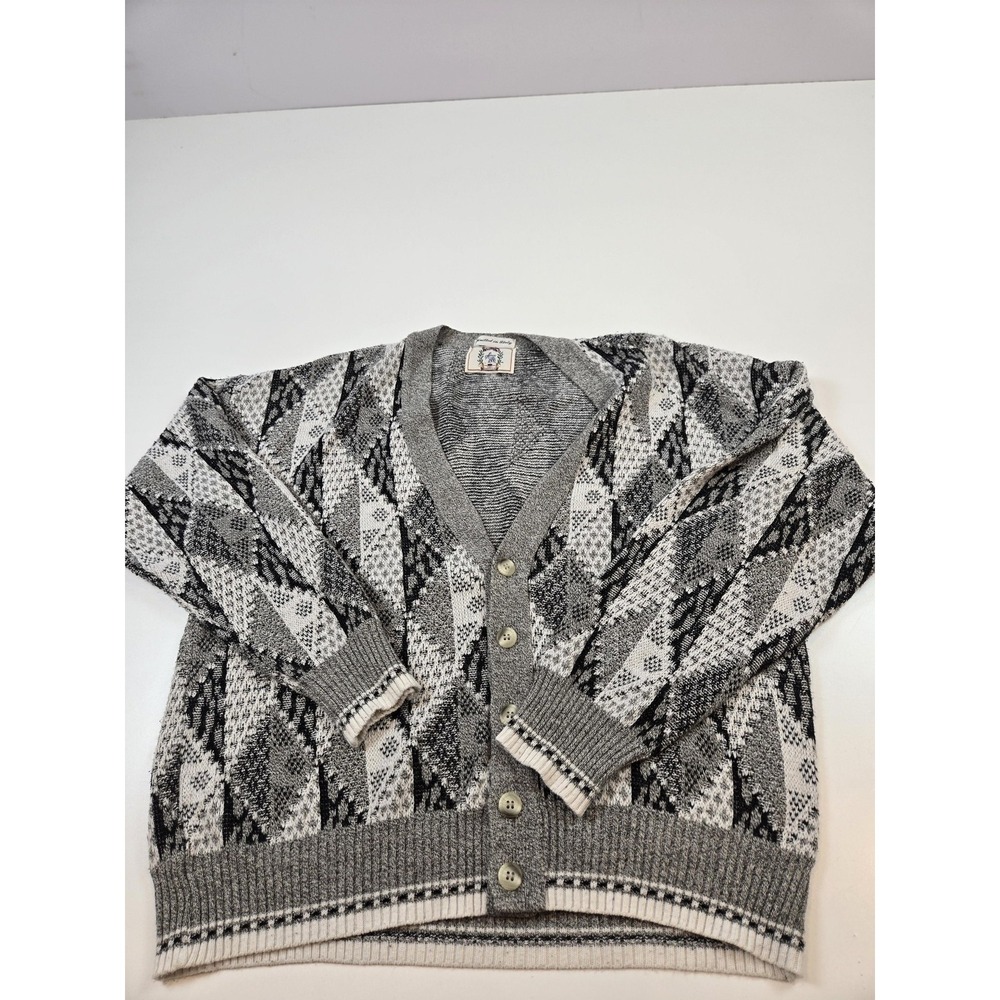 Vintage Sears Sweater Mens Large Gray Black Knit Button Cardigan Italy 80s